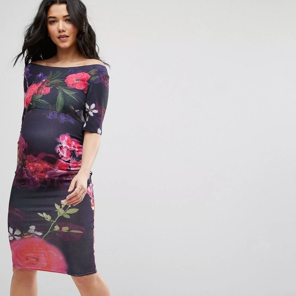 NWT ASOS Maternity Petite Bardot Dress in Floral Print Size 2 purple black pink - Picture 4 of 9
